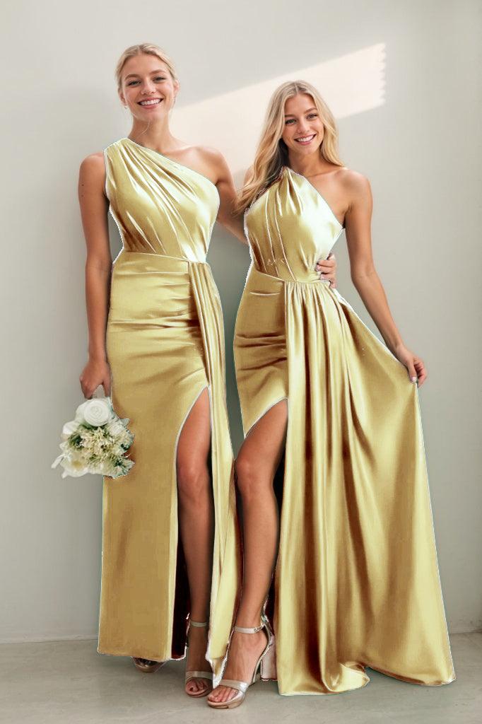 One Shoulder Satin Sheath Bridesmaid Dress with Split CB0808 - Gold - COCOMELODY
